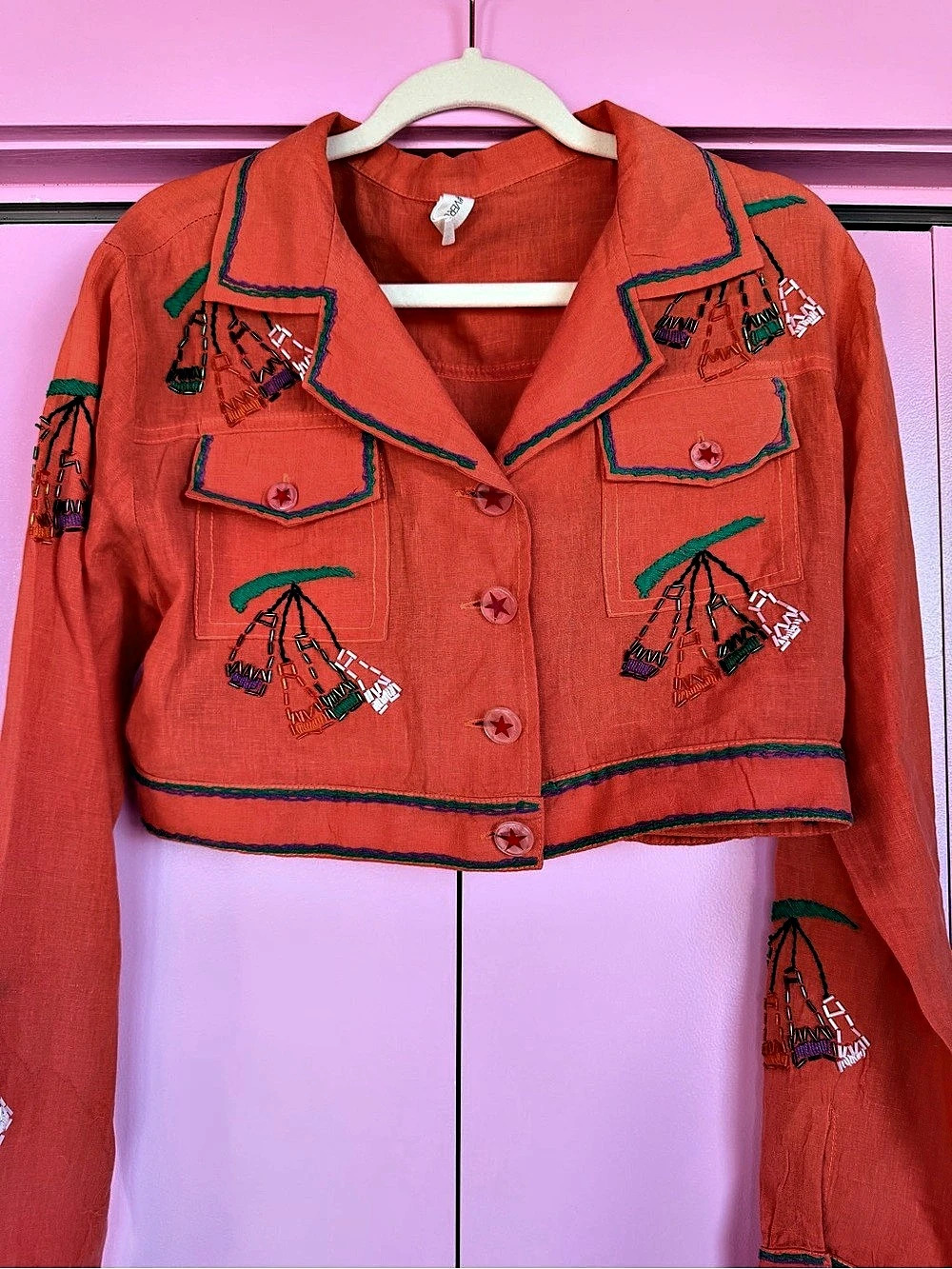 Pergo Embroidered Cropped Linen Jacket Size Medium